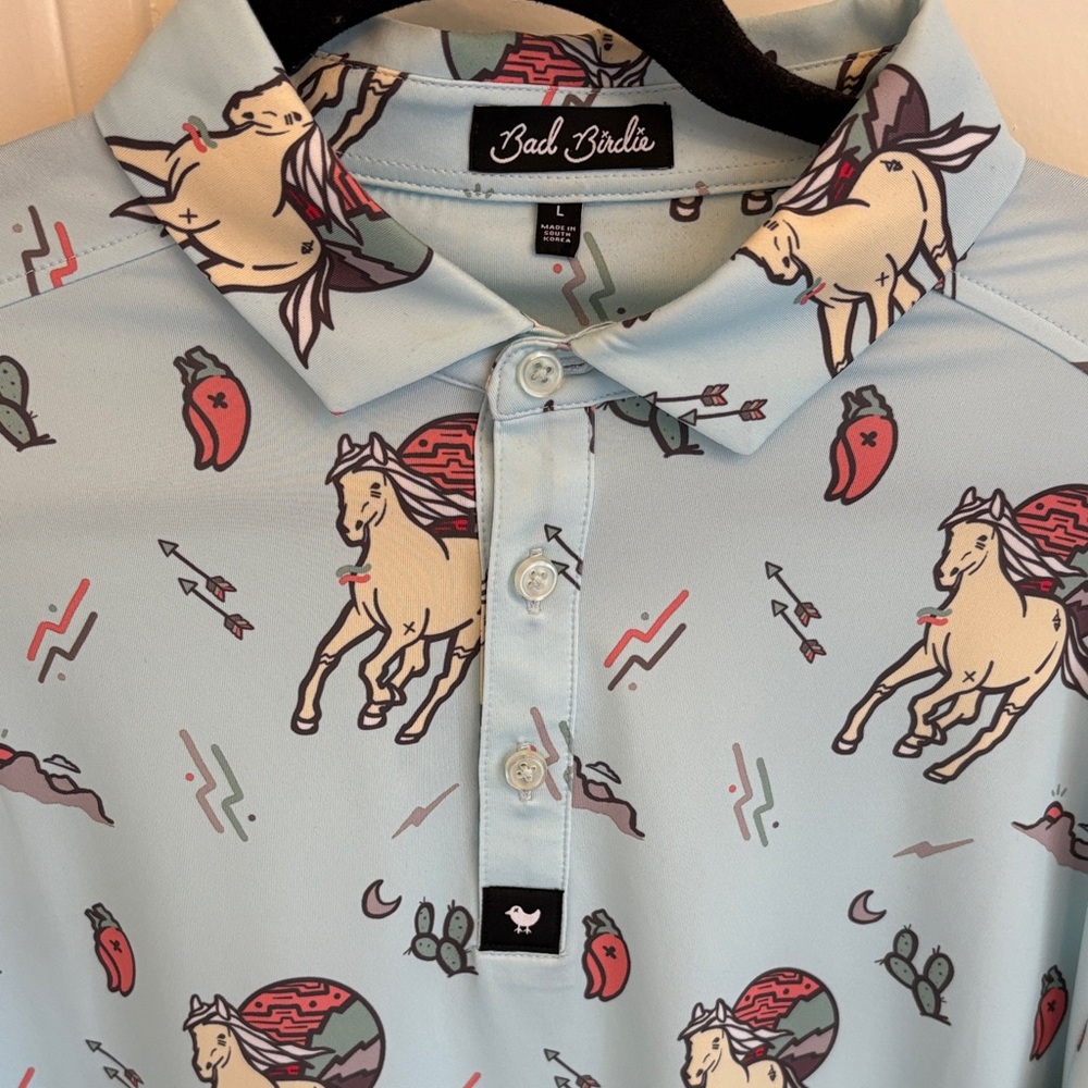 Bad Birdie Men's Sky Blue Horse Graphic Polo